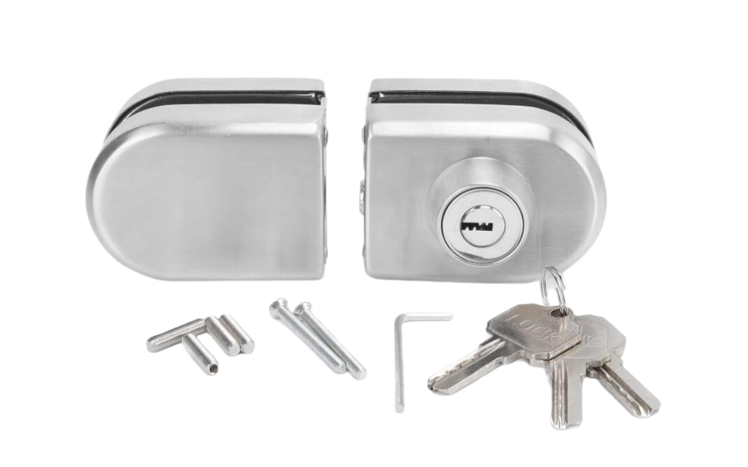 Serratura con cilindro e riscontro ad infilo in acciaio inox satinato, per vetro spessore 10-12mm